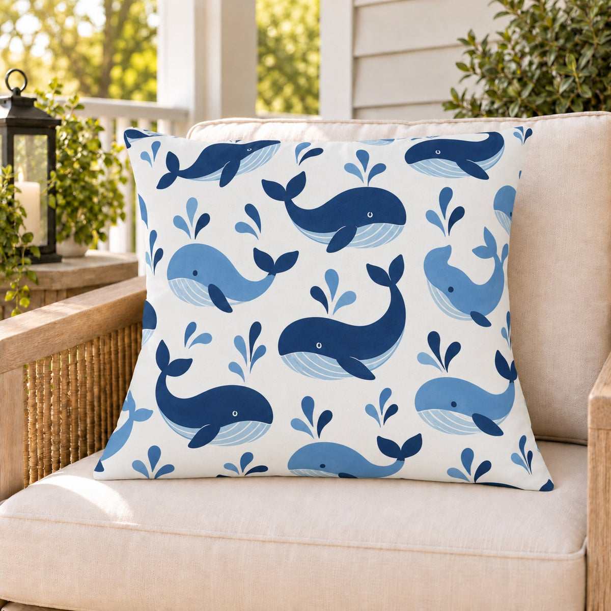 Navy whale outdoor pillow on a rattan chair on a sunny summer porch