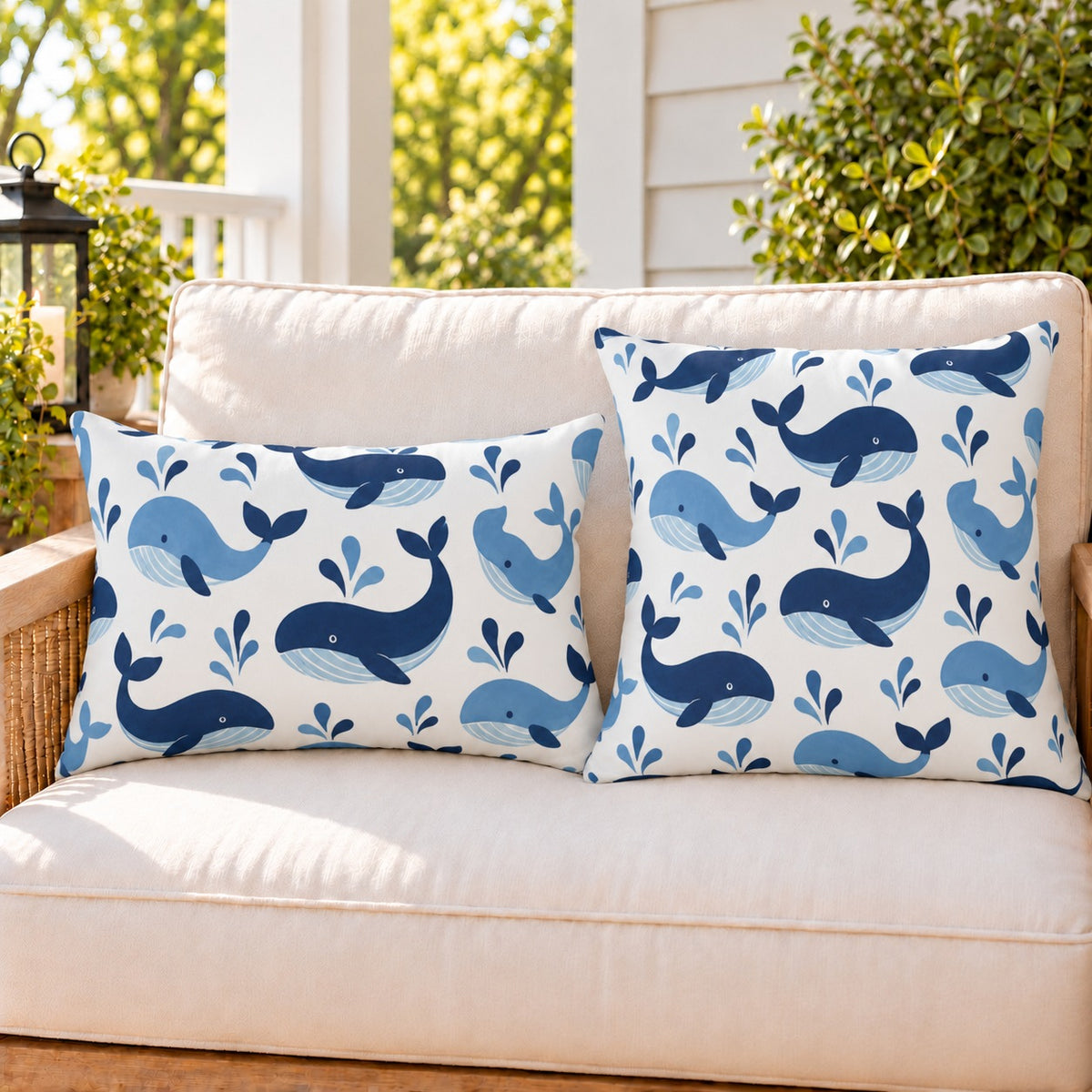 Navy whale outdoor pillow and outdoor lumbar pillow styled together as a set on a porch loveseat