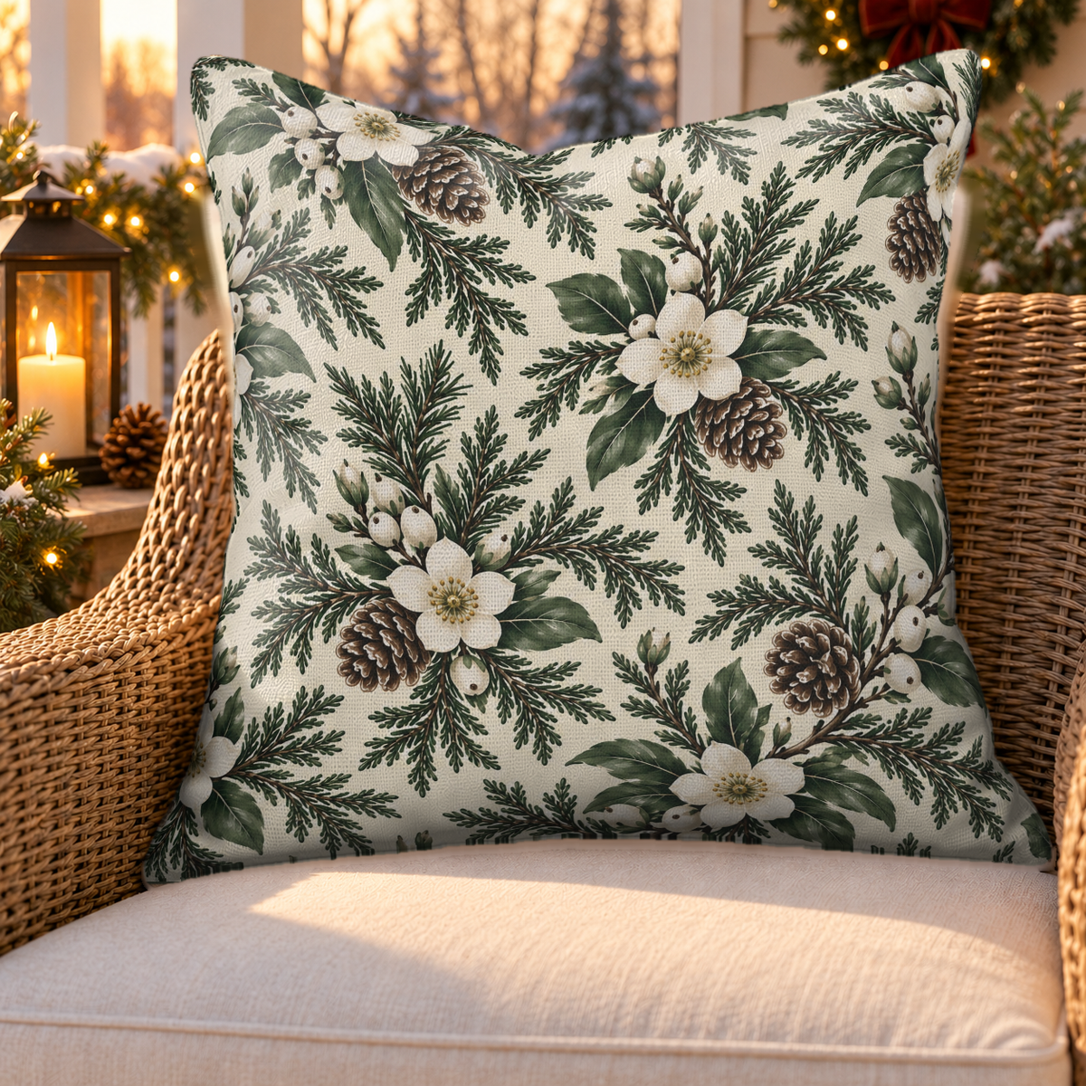 Winter Bloom Cream Outdoor Pillow