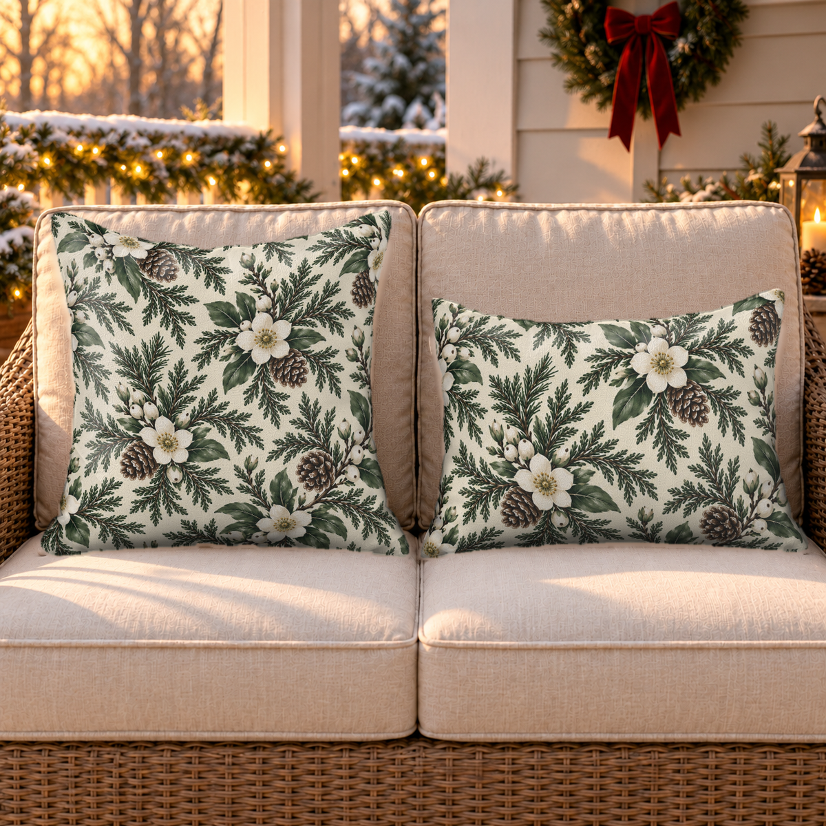 Winter Bloom Cream Outdoor Lumbar Pillow