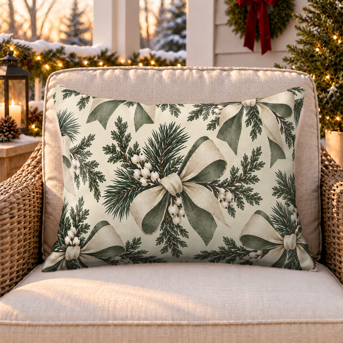 Winter Bow Cream Outdoor Lumbar Pillow