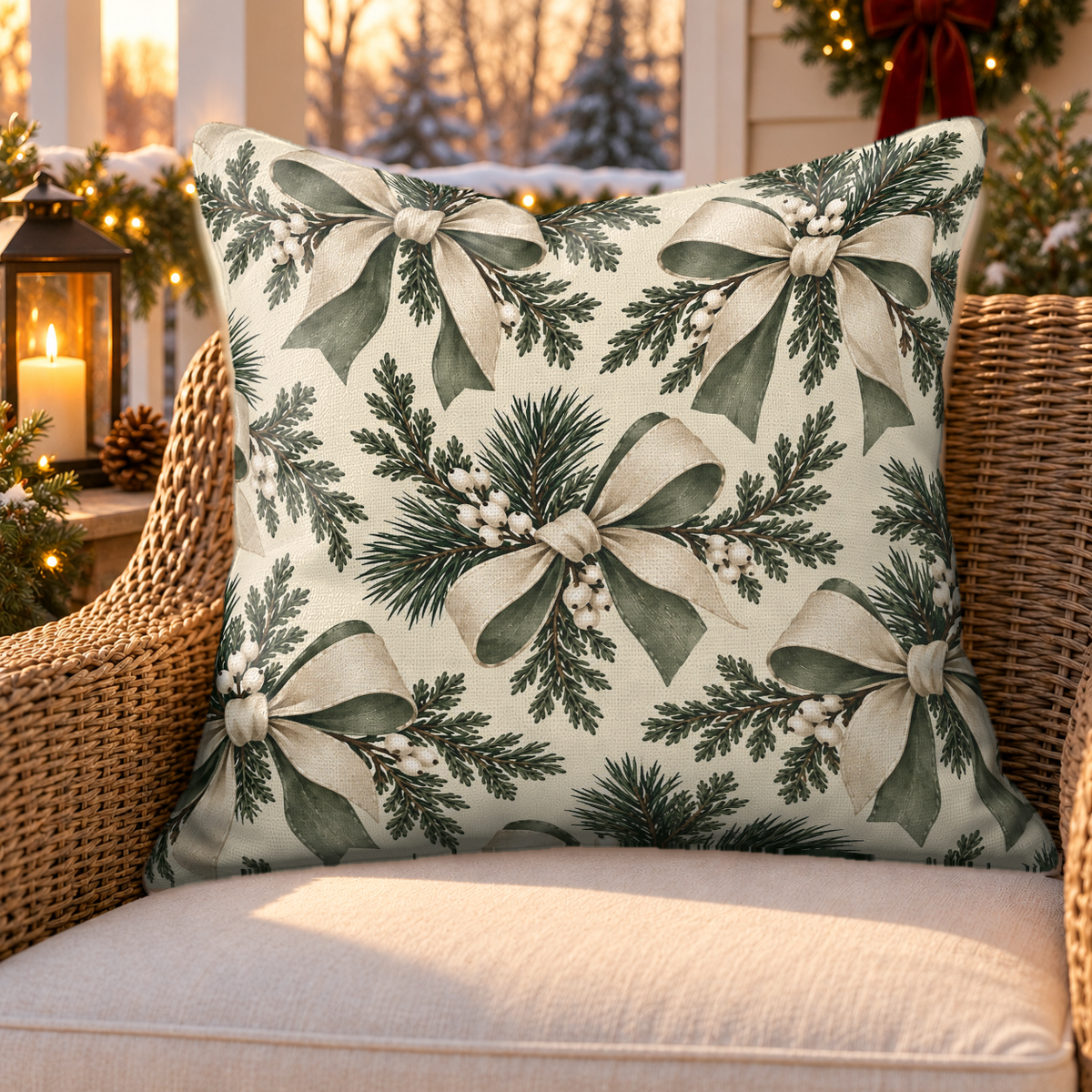 Winter Bow Cream Outdoor Pillow