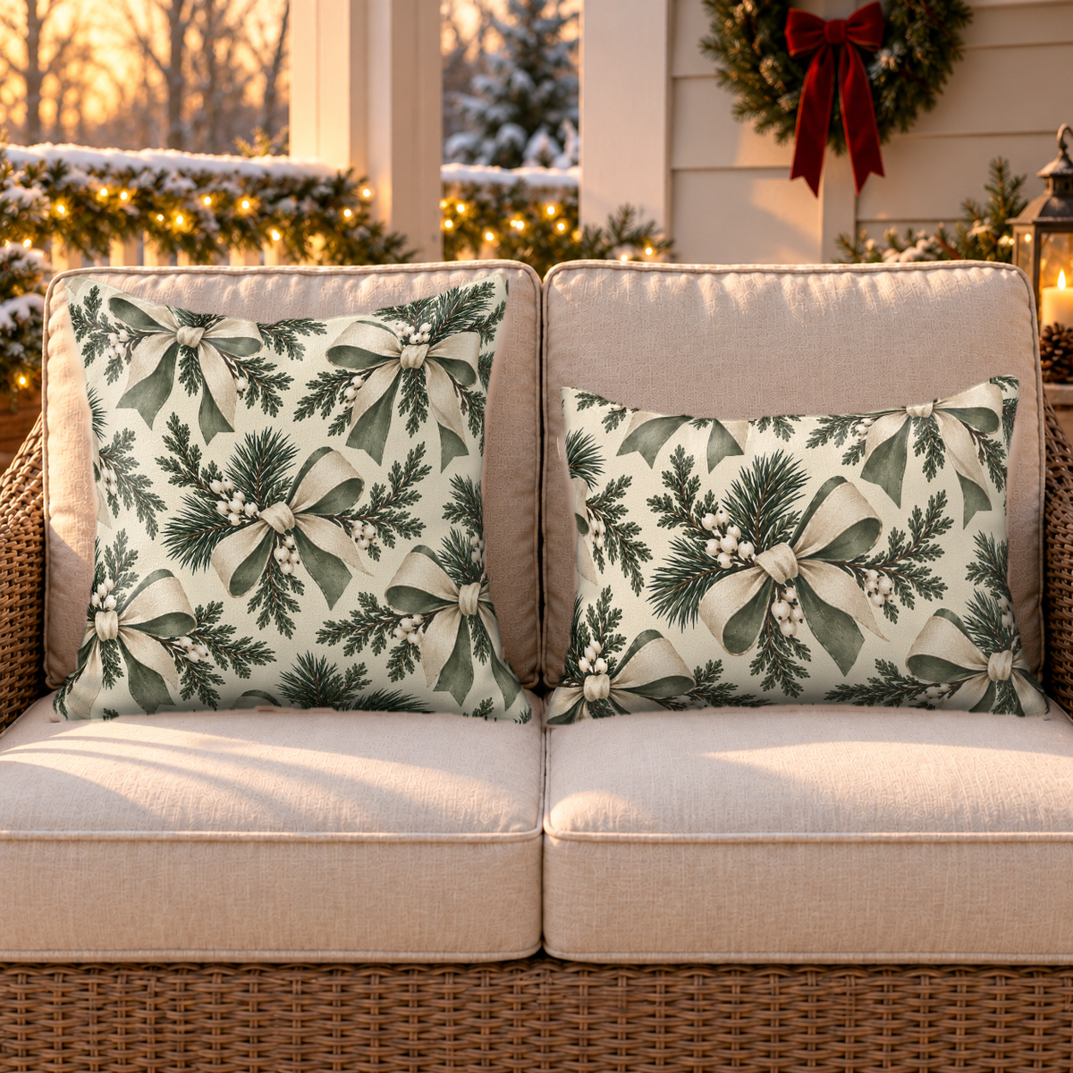 Winter Bow Cream Outdoor Lumbar Pillow